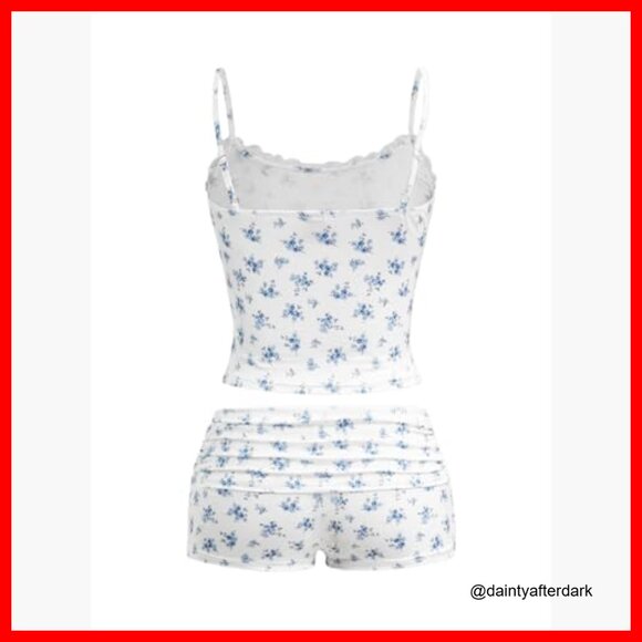 Sexy Pajama Set 2 Piece Lace Trim Cami Crop Tops and Ruched Shorts - Picture 4 of 7